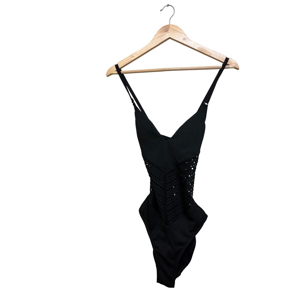 Robin Piccone Perla Black Crochet One Piece Swimsuit 182613 Womens Size 10 NEW